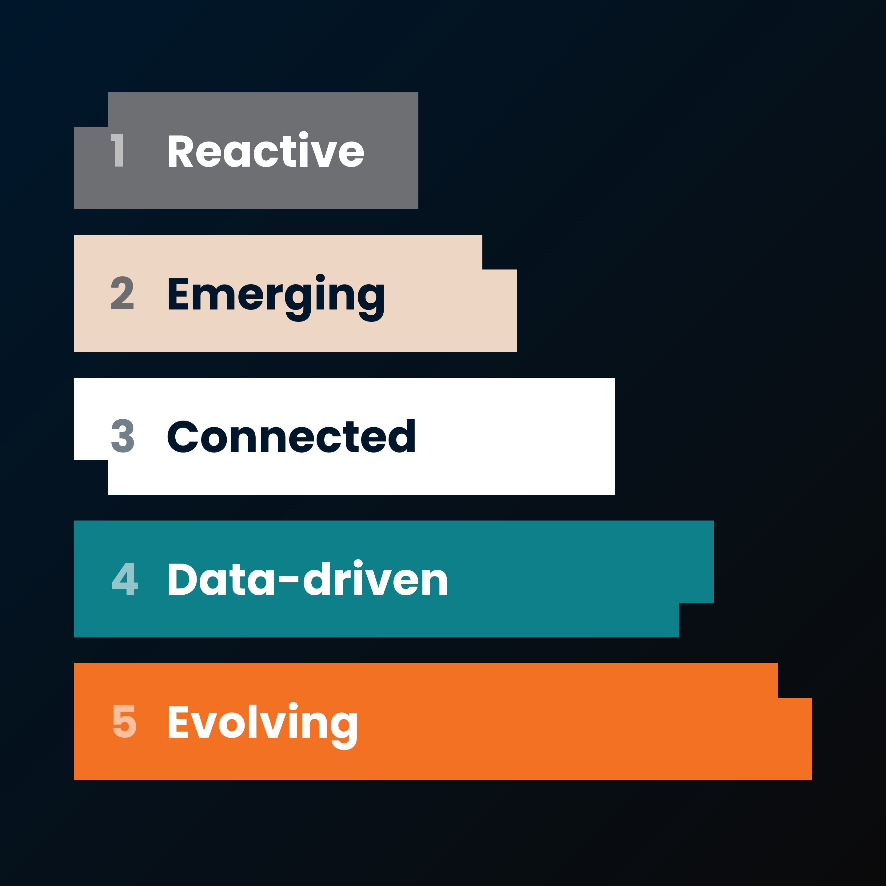 The five digital maturity levels of the TRIMM Digital Maturity Scan: Reactive, Emerging, Connected, Data-driven and Evolving.